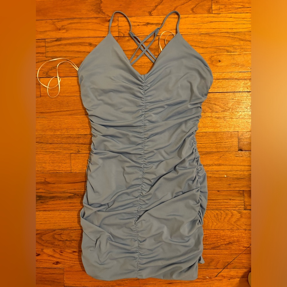 Blue ruched bodycon dress